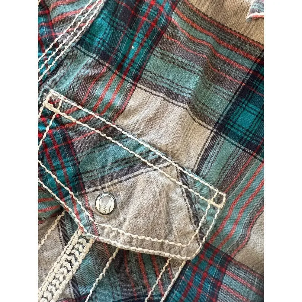 Buckle Black Athletic gray/teal plaid snap down long sleeve shirt., Men's size L